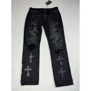 Smoke & Ash Jeans with Black Cross Patches 32x30 Goth Grunge Punk